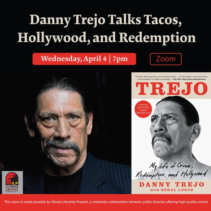 A photo of actor and author Danny Trejo and his book cover.