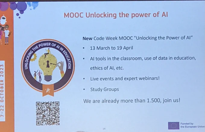 Présenté sur projecteur : MOOC sur l'IA. Cours ayant lieu du 13 mars au 19 avril. Rejoignez les plus de 1500 participants en scannant le code QR affiché.