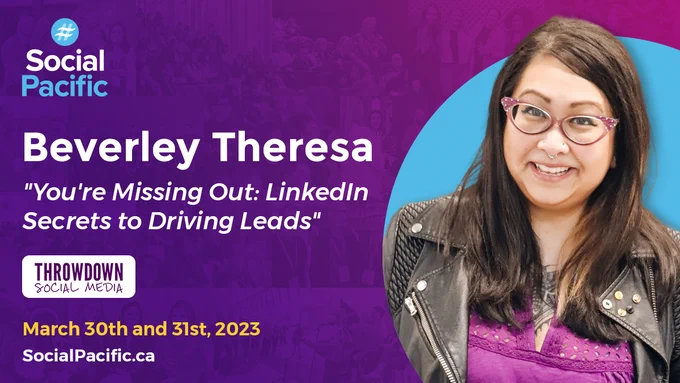 Social Pacific conference graphic with a headshot of speaker, Beverley Theresa.