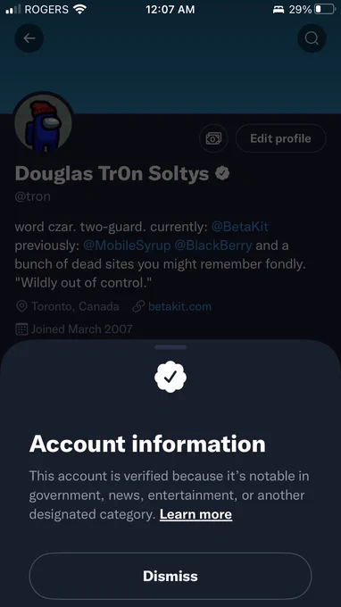 Screencap of my Twitter account noting I was once verified for good reason.