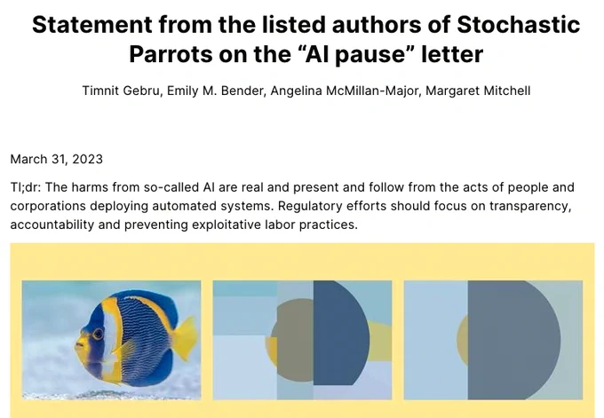screenshot of this link until the end of the image: https://www.dair-institute.org/blog/letter-statement-March2023

"March 31, 2023

Tl;dr: The harms from so-called AI are real and present and follow from the acts of people and corporations deploying automated systems. Regulatory efforts should focus on transparency, accountability and preventing exploitative labor practices."

Image is "A yellow window with three images. On the right is an under water photo of a single bright blue and yellow tropical fish. The two on the left are simplifications created based on a decsion tree algorithm. The work illustrates a popular type of machine learning model: the decision tree. Decision trees work by splitting the population into ever smaller segments. I try to give people an intuitive understanding of the algorithm. I also want to show that models are simplifications of reality, but can still be useful, or in this case visually pleasing."