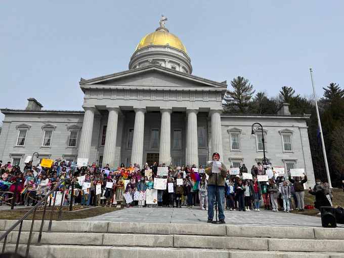 Huge crowd of Vt students celebrating Trans visibility day at the Vt Statehouse.  