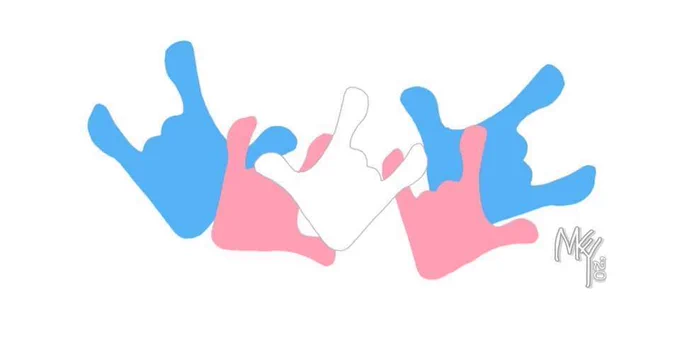 image: several hands signing "I Love You" in trans flag colors (light blue, pink, white). Created by Mikey Krajnak.