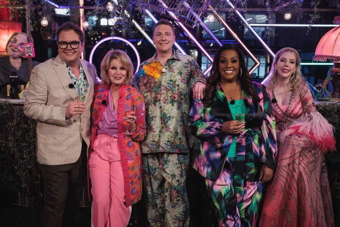 A photo of Joe Lycett, Dame Joanna Lumley, Alan Carr, Alison Hammond and Katherine Ryan  taken during Late Night Lycett