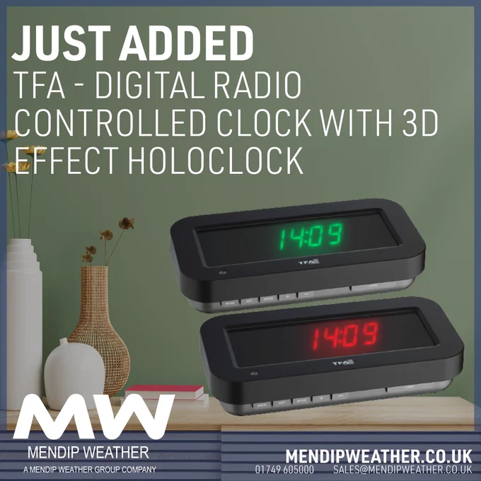 ⭐️ Just added ⭐️

🕣TFA – Digital Radio Controlled Clock With 3D Effect Holoclock

The HOLOCLOCK from TFA is an absolute highlight with amazement effect.
The display appears as a three-dimensional image projected into space. This effect is made possible by patented optics with reflections and the refraction of light via a beam splitter lens.
The time, the date or the temperature can be displayed as desired. It is also possible to change the display automatically.
Up to four brightness levels can be set. The intensity of the lighting is also automatically adjusted to the light intensity in the room.

Available from Mendip Weather Consumer is holographic 🟢 or 🔴

https://mendipweather.co.uk/clocks/digital-clocks/tfa-digital-radio-controlled-clock-with-3d-effect-holoclock/

#tfadostmann #digitalclock #home #clock  #digitalradio #3d #3deffect #holoclock #time #homedecor #homedesign #homeoffice #office #giftideas #gift #indoors #temperature #time #date #accurate #newproducts #mendipweather