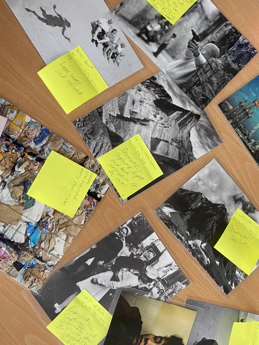Images with postit notes on, during the reading photography session, as part of the Chasing the Light Photography Programme in Exeter.