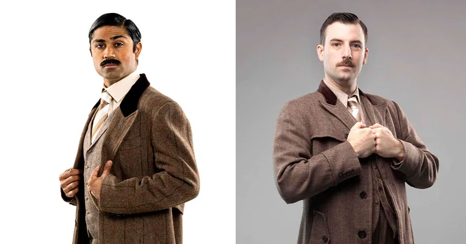 Two shots showing Mikhail Sen and Chris Lanceley in The Play That Goes Wrong
