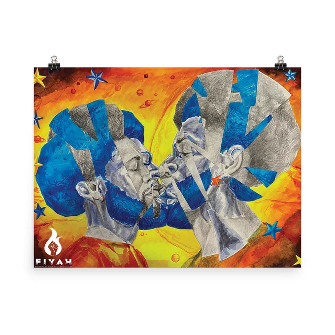 there is a traditional image of two black folks kissing fractured in pieces at the same time. behind them are an orange and yellow cosmos, planets, and stars. 