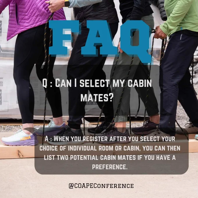Where do I list my choice between cabin or individual rooms?
Yes, you can select your preference when you register.

Can I select my cabin mates?
When you register after you select your choice of individual room or cabin, you can then list two potential cabin mates if you have a preference.
