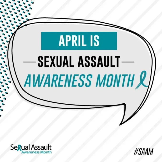 Speech bubble announcing that April is Sexual Assault Awareness Month with teal ribbons and hashtag SAAM.