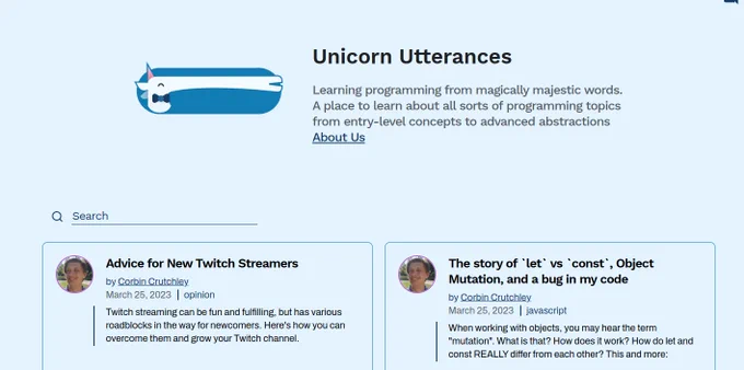 The Unicorn Utterances homepage, but the Unicorn logo has a strangely long nose, as an April Fools' joke.