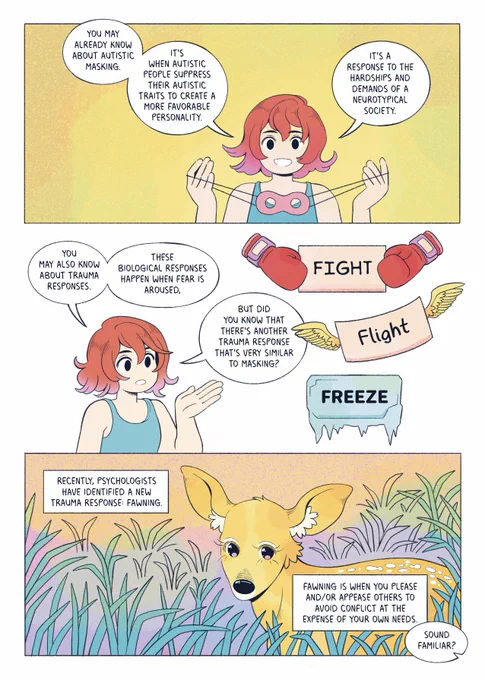 
In the first panel, Ryca smiles into the camera while holding up a thief-style mask. They say, "You may already know about autistic masking. It's when autistic people suppress their autistic traits to create a more favorable personality. It's a response to the hardships and demands of a neurotypical society."

In the second panel, Ryca gestures towards three floating boxes. The first box has the word "FIGHT" written on it and has boxing gloves on either side of it. The second box has "Flight" written on it, and has wings on either side. The third and final box is made of ice and has the word "FREEZE" written on it. Ryca says, "You may also know about trauma responses. These biological responses happen when fear is aroused, but did you know that there's another trauma response that's very similar to masking?"
Recently, psychologists have identified a new trauma response: fawning. Fawning is when you please and/or appease others to avoid conflict at the expense of your own needs.
