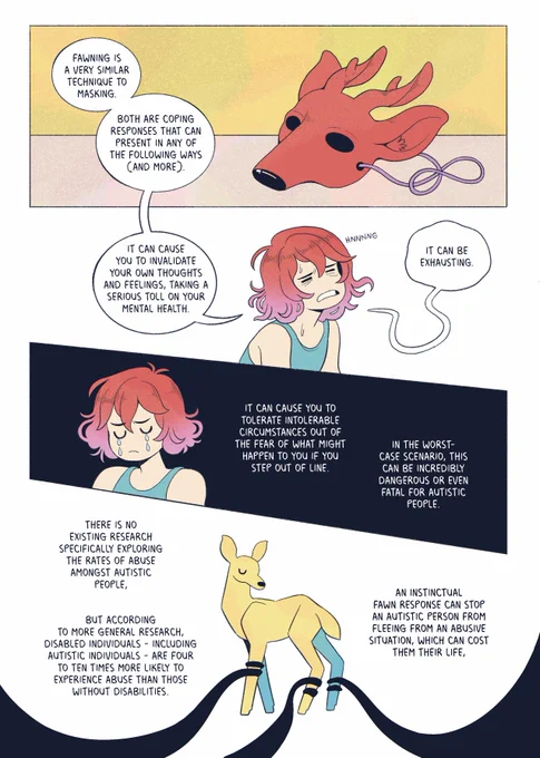 A mask shaped like a deer's head lies on the floor. Ryca looks exhausted as they say, "Fawning is a very similar technique to masking. Both are coping responses that can present in any of the following ways (and more). It can cause you to invalidate your own thoughts and feelings, taking a toll on your mental health. It can be exhausting."

The second panel is dark, Ryca cries silent tears. The narration reads, "It can cause you to tolerate intolerable circumstances out of the fear of what might happen to you if you step out of line. In the worst-case scenario, this can be incredibly dangerous or even fatal for autistic people.

In the final panel, a fawn is being gripped by dark vines, which coil around its legs. The narration reads, "There is no existing research specifically exploring the rates of abuse amongst autistic people. But according to more general research, disabled individuals - including autistic individuals - are four to ten times more likely to experience abuse.