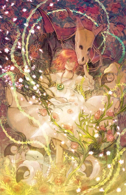 From the Thorns Came Flowers

A redheaded girl in a white dress and a jade pendant stands with her hand caressing the face of a humanoid with an animal skull for a head, surrounded by flowers and plants and fairies and lights.