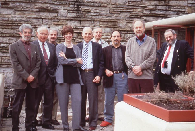 Eric Lloyd Wright (second from left) with eight other members of the Peer Review Panel at Fallingwater in April 1999. Fallingwater Archives.