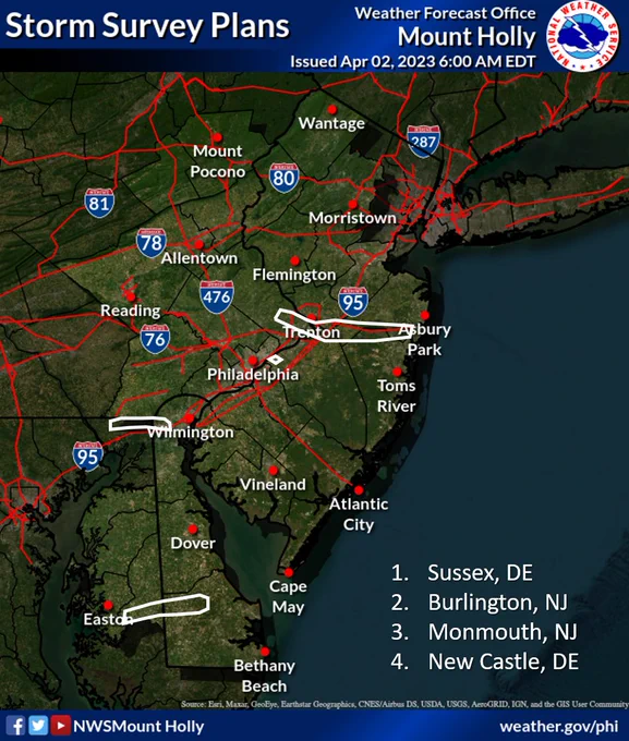 Map of the Mount Holly Forecast area with 4 location tracks based on areas where the NWS expected to survey for potential tornado damage.

General locations are:
1. Sussex, DE
2. Burlington, NJ
3. Monmouth, NJ
4. New Castle, DE