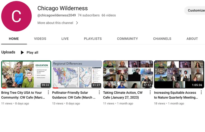 Screenshot of Chicago Wilderness Alliance YouTube channel offerings