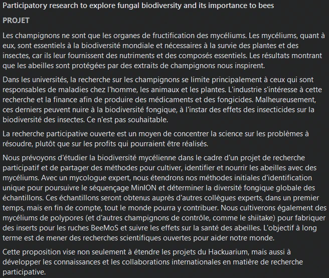 pour le projet de financement participatif (tout ou rien - et pas trop longtemps reste) https://experiment.com/projects/participatory-research-to-explore-fungal-biodiversity-and-its-importance-to-bees
