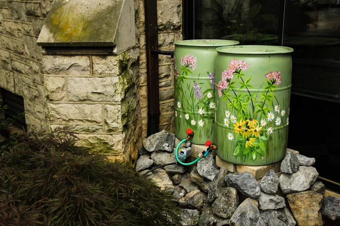 Rain barrels are seen at the Unitarian Universalist Church of Lancaster, Pa., on May 21, 2012. 