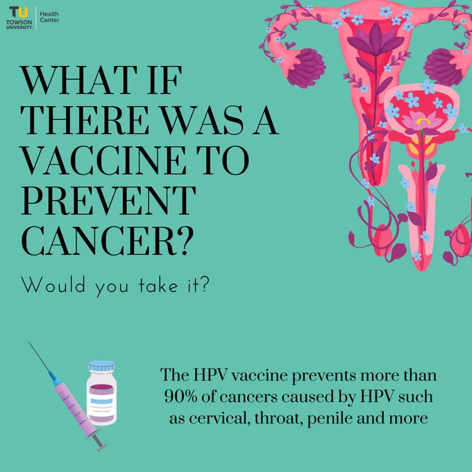 Green background with images of male and female reproductive systems adorned in flowers. Title reads: What if there was a vaccine to prevent cancer? Would you take it? ... Next to Image of vaccine vial and syringe text says: The HPV vaccine prevents more than 90% of cancers caused by HPV such as cervical, throat, penile and more