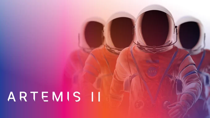 Four astronauts wearing orange Orion Crew Survival Suits walk toward the camera in a brisk fashion. There is a color gradient over the image that stems from a blue color and transitions to pink. The words “Artemis II” can be read near the bottom of the image. 