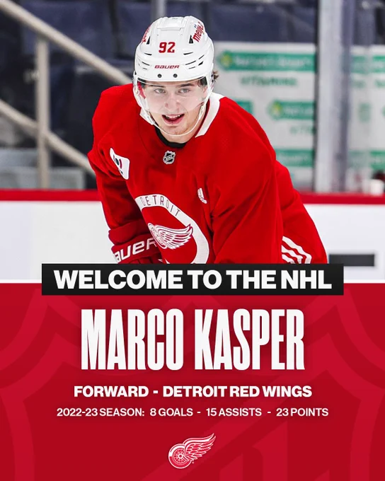 Top: Marco Kasper smiling on ice in a red Detroit Red Wings practice uniform.

Middle: In white letters on a red background "Welcome to the NHL"

Bottom: In white letters on a Red Wings red background "Marco Kasper, Forward, Detroit Red Wings, 2022-23 season, 8 goals, 15 assists, 23 points"
