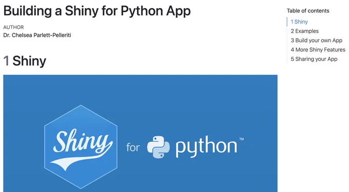 A screenshot of the linked page that shows the title (Building a Shiny for Python App", the author ("Dr. Chelsea Parlett-Pelleriti") and the first title ("Shiny")