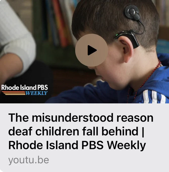 Screenshot of a Rhode Island PBS Weekly advertisement titled The misunderstood reason deaf children fall behind. Above the caption is a light skinned boy wearing a cochlear implant.