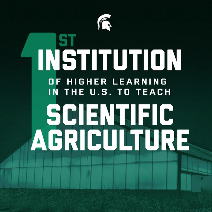 A photo of greenhouses with a green overlay and white text that says 1st institution of higher learning in the U.S. to teach scientific agriculture 