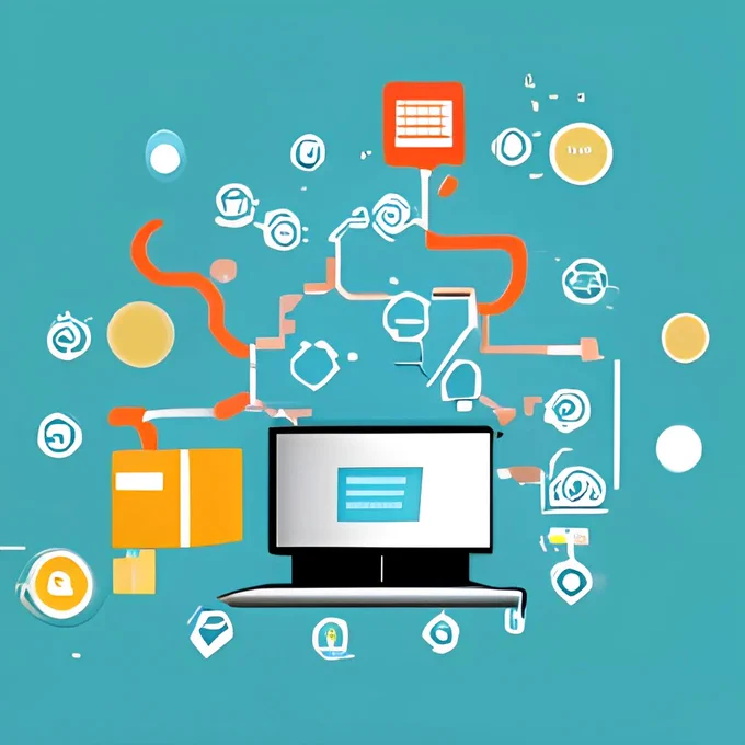Abstract image of a laptop surrounded by connected shapes