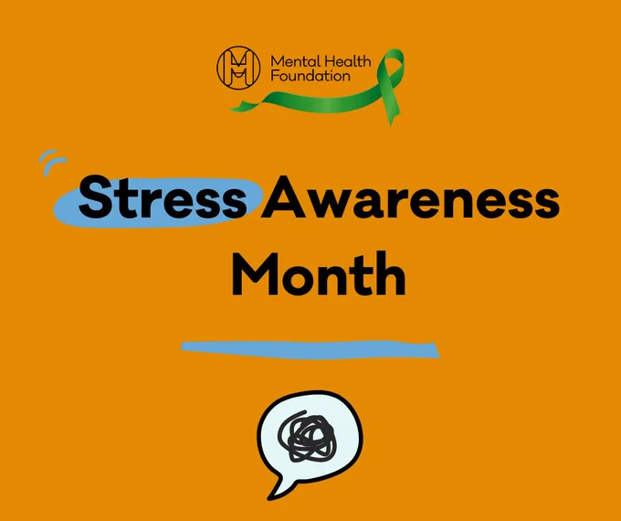 Graphic on an orange background that reads 'Stress Awareness Month'