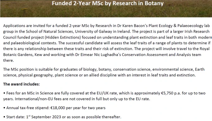 Applications are invited for a funded 2-year MSc by Research in Dr Karen Bacon’s Plant Ecology & Palaeoecology lab group in the School of Natural Sciences, University of Galway in Ireland. The project is part of a larger Irish Research Council funded project (Hidden Extinctions) focused on understanding plant extinction and leaf traits in both modern and palaeobiological contexts. The successful candidate will assess the leaf traits of a range of plants to determine if there is any relationship between these traits and their risk of extinction. The project will involve travel to the Royal Botanic Gardens, Kew and working with Dr Eimear Nic Lughadha’s Conservation Assessment and Analysis team there.   
The MSc position is suitable for graduates of biology, botany, conservation science, environmental science, Earth science, physical geography, plant science or an allied discipline with an interest in leaf traits and extinction.
