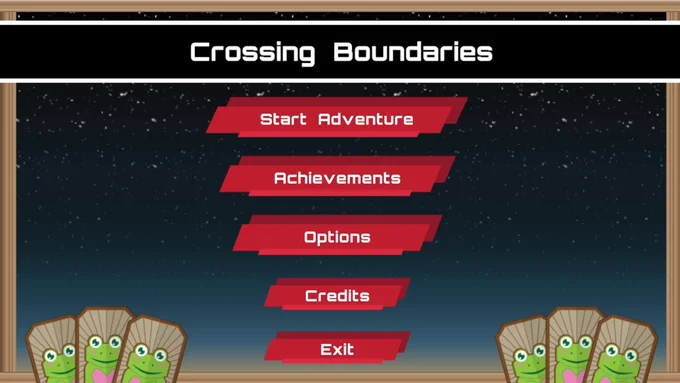 Screenshot from the start menu of the consent video game 'Crossing Boundaries'. The background is of a night sky, stars above. In the bottom left and right corners are cards displaying a frog logo.

"Crossing Boundaries"
Start Adventure
Achievements
Options
Credits
Exit