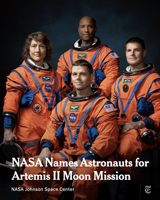 Victor Glover, Christina Koch and Reid Wiseman of NASA, and Jeremy Hansen of the Canadian Space Agency are wearing orange spacesuits in front of a dark background. The headline reads: NASA Names Astronauts for Artemis II Moon Mission. Photo by NASA Johnson Space Center.