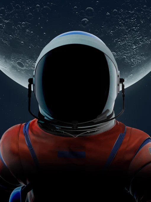 On peut voir le casque d'une personne portant une combinaison spatiale orange avec une image de la lune en arrière-plan.