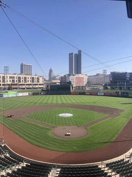 Photo of Parkview Field. It’s about 50°. The sky is blue with no clouds, and the green grass is popping.