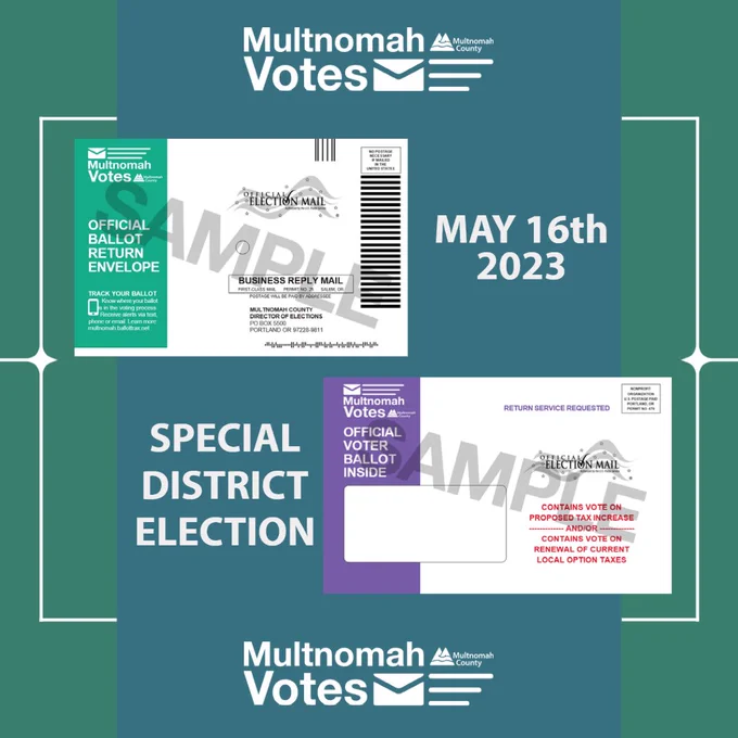 Pictures of Ballot Delivery Envelope and Return Envelop and in writing "May 16th 2023 Special District Election"
