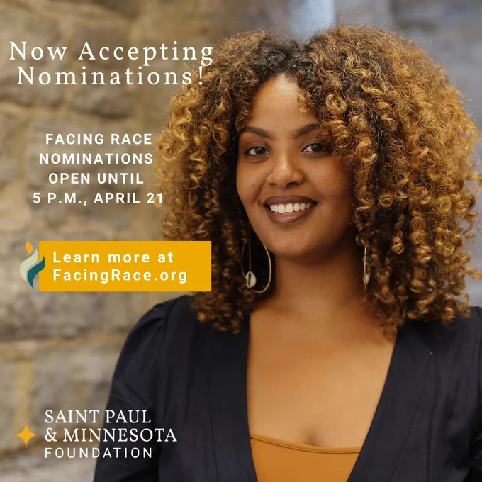 Lulete Mola headshot with text: Now Accepting Nominations! Facing Race nominations open until 5 p.m., April 21