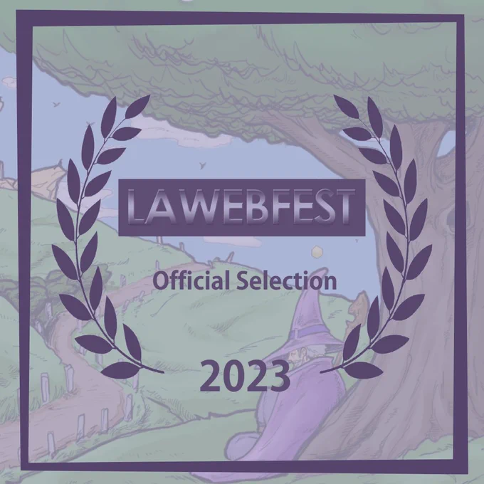 Laurel which reads "LAWEBFEST Official Selection 2023" placed on top of the Sidequesting cover art. The laurel is in various shades of purple, and the cover art has a light purple tint. There is a dark purple border around the image. 