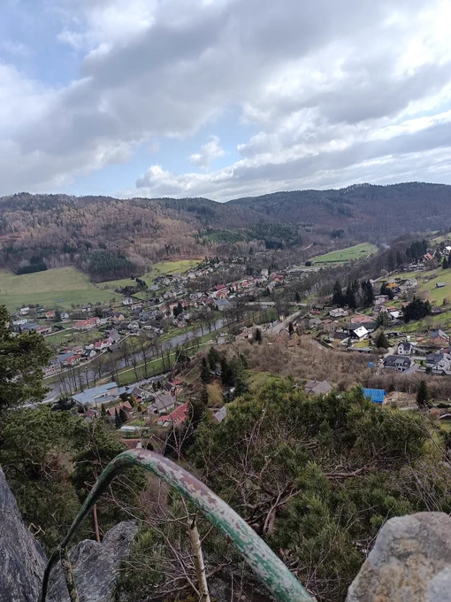 View of a valley with a river and village, from high up