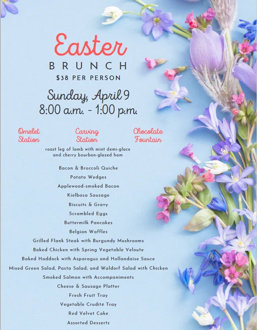 Join us at the Carrington on Easter Sunday for an exceptionally delicious brunch! 🌈 Alongside our featured menu, enjoy an omelet station, a carving station with roasted lamb & glazed ham, and even a chocolate fountain! 😋