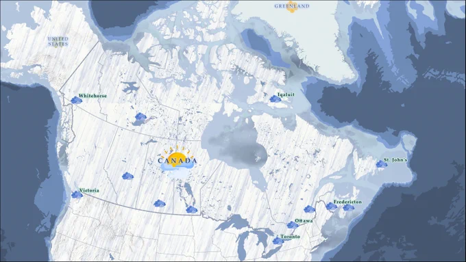 The land mass of Canada has been symbolized with a white background and with pale blue streaks of rain drops "raining" diagonally across the land mass. The capital cities are symbolized with dark blue and purple rain cloud icons. Beside the big letters saying "CANADA" in the middle of the country, the icon of a yellow sun peeks out from behind some clouds. 