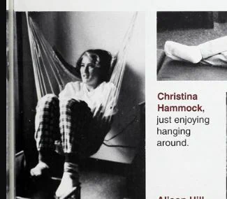 1997 NC Science and Math yearbook photograph of Christina Hammock (now Christina Koch) in a hammock chair