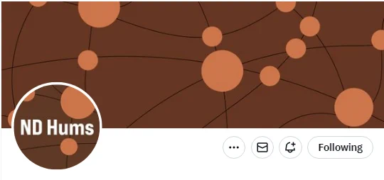 ND hums logo - orange circles of various sizes interconnected by wavy lines like a constellation