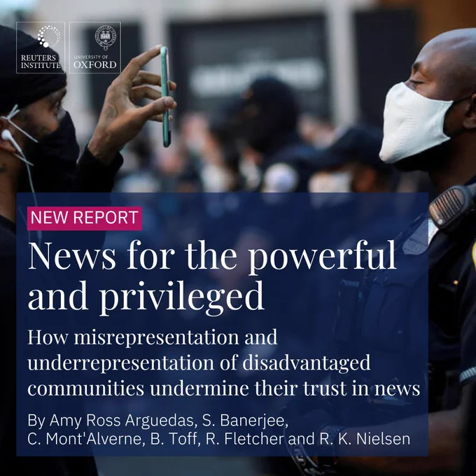 A card with the title of our new report on trust in news: "Trust for the powerful and privileged. How misrepresentation and underrepresentation of disadvantaged communities undermine trust in news