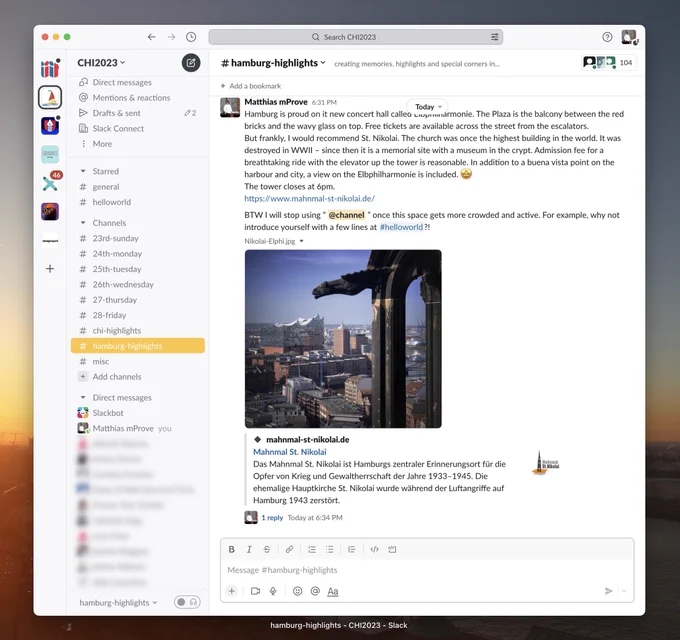 screenshot of CHI2023Hamburg slack space. A post that recommends to go up on the church tower of St. Nikolai