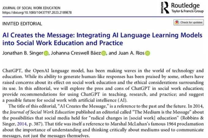 screenshot of the title and abstract for the invited editorial "AI Creates the Message." 
