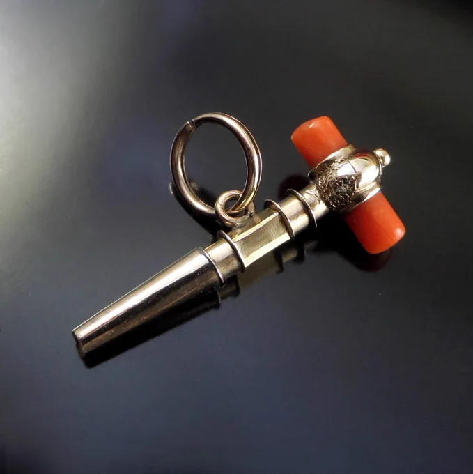 ANTIQUE Georgian Pocket Watch Key, Genuine CORAL Fob CHARM Pendant c.1820s, Victorian Gold Filled Jewelry