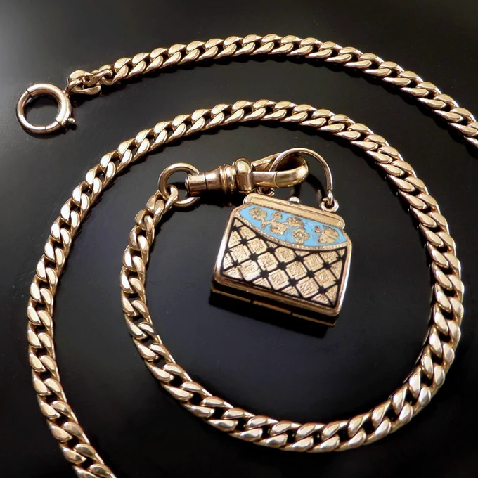 Antique Victorian ENAMEL Purse LOCKET Watch CHAIN Necklace Rare