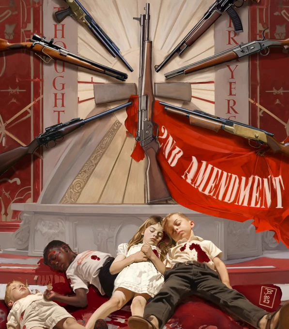 Children shot and killed laying at the foot of a shrine to guns and the 2nd Amendment.